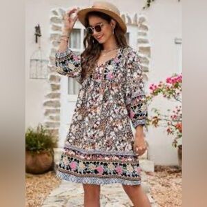 Bluetime Boho Floral Tiered Mini Dress - Pink & Black